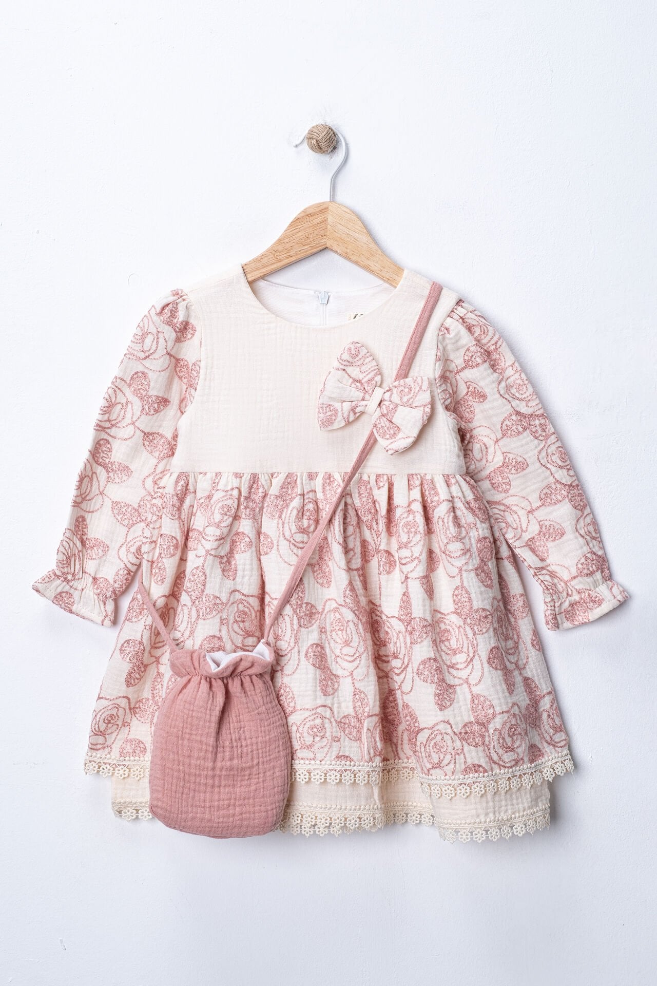 Seramis Kız Çocuk Gül Kurusu Çiçek Desenli Pamuk Elbise & Mini Çanta