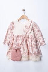 Seramis Kız Çocuk Gül Kurusu Çiçek Desenli Pamuk Elbise & Mini Çanta