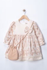Seramis Kız Çocuk Gül Kurusu Çiçek Desenli Pamuk Elbise & Mini Çanta