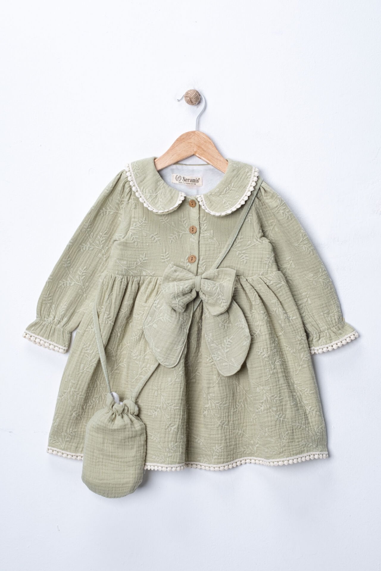Seramis Kız Çocuk Müslin Elbise Fiyonklu Çantalı %100 Pamuk – Pembe / Yeşil / Bej/Ekru