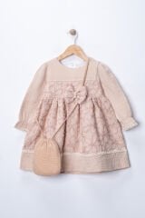 Seramis Kız Çocuk Müslin Elbise Çantalı Fiyonklu %100 Pamuk – Bej / Ekru / Pembe