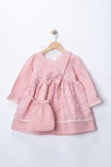 Seramis Kız Çocuk Müslin Elbise Çantalı Fiyonklu %100 Pamuk – Bej / Ekru / Pembe