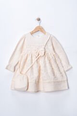 Seramis Kız Çocuk Müslin Elbise Çantalı Fiyonklu %100 Pamuk – Bej / Ekru / Pembe