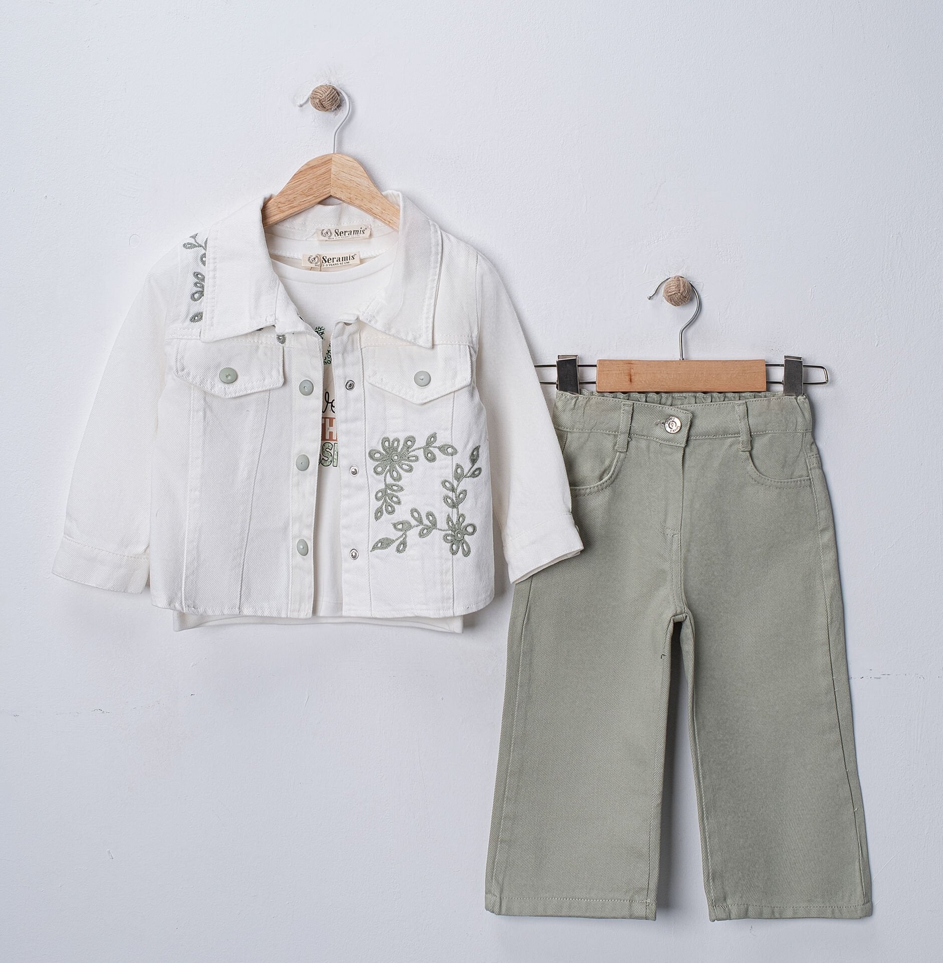 Seramis Kız Çocuk Gabardin Pantolon Ceket Takım %100 Pamuk Süprem Sweat – Pudra / Bej / Mint