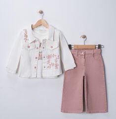 Seramis Kız Çocuk Gabardin Pantolon Ceket Takım %100 Pamuk Süprem Sweat – Pudra / Bej / Mint PUDRA - 6-7 Yaş