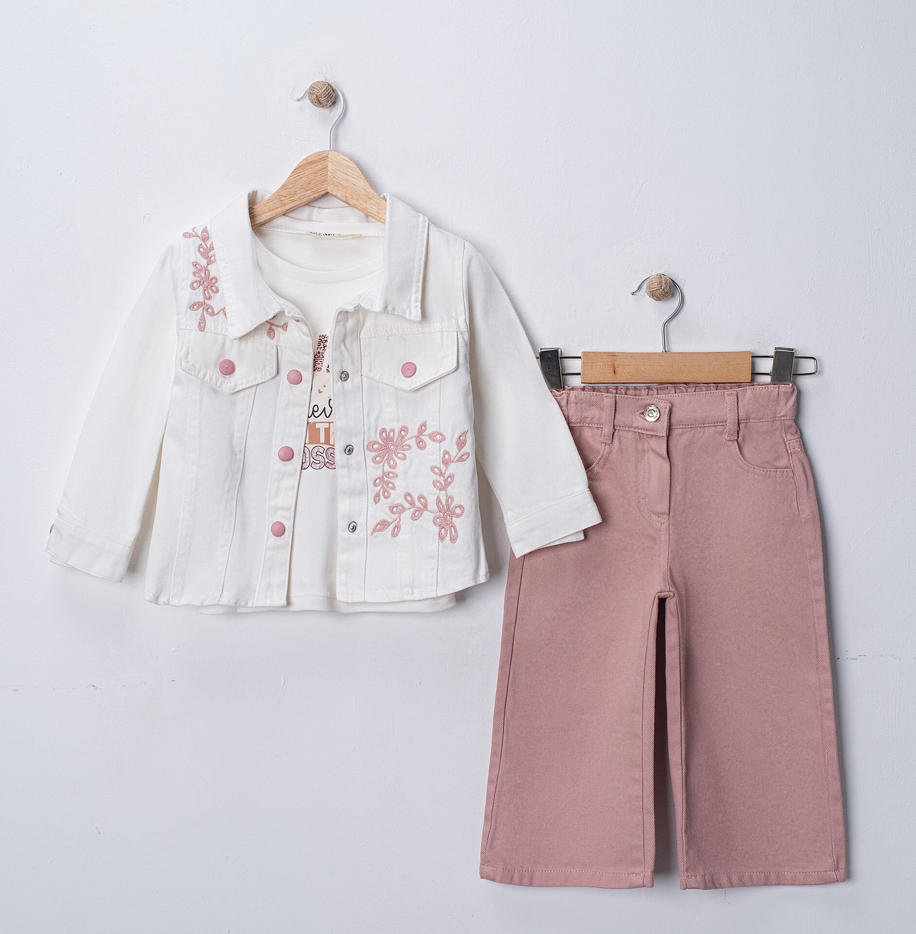 Seramis Kız Çocuk Gabardin Pantolon Ceket Takım %100 Pamuk Süprem Sweat – Pudra / Bej / Mint PUDRA - 8-9 Yaş