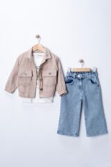 Seramis Kız Çocuk Bayramlık Takım  Kadife Ceket, %100 Pamuk Kot Pantolon ve Uzun Kollu Penye Sweat