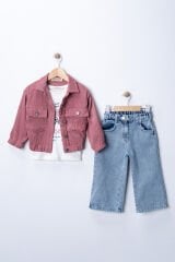 Seramis Kız Çocuk Bayramlık Takım  Kadife Ceket, %100 Pamuk Kot Pantolon ve Uzun Kollu Penye Sweat