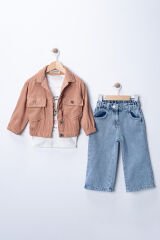 Seramis Kız Çocuk Bayramlık Takım  Kadife Ceket, %100 Pamuk Kot Pantolon ve Uzun Kollu Penye Sweat