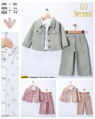 Kız Çocuk Bayramlık Takım Gabardin Ceket Pantolon Müslin Gömlek 3’lü Set– Pudra / Bej / Mint