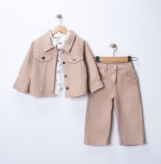 Kız Çocuk Bayramlık Takım Gabardin Ceket Pantolon Müslin Gömlek 3’lü Set– Pudra / Bej / Mint