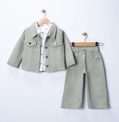 Kız Çocuk Bayramlık Takım Gabardin Ceket Pantolon Müslin Gömlek 3’lü Set– Pudra / Bej / Mint