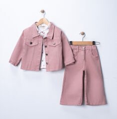 Kız Çocuk Bayramlık Takım Gabardin Ceket Pantolon Müslin Gömlek 3’lü Set– Pudra / Bej / Mint