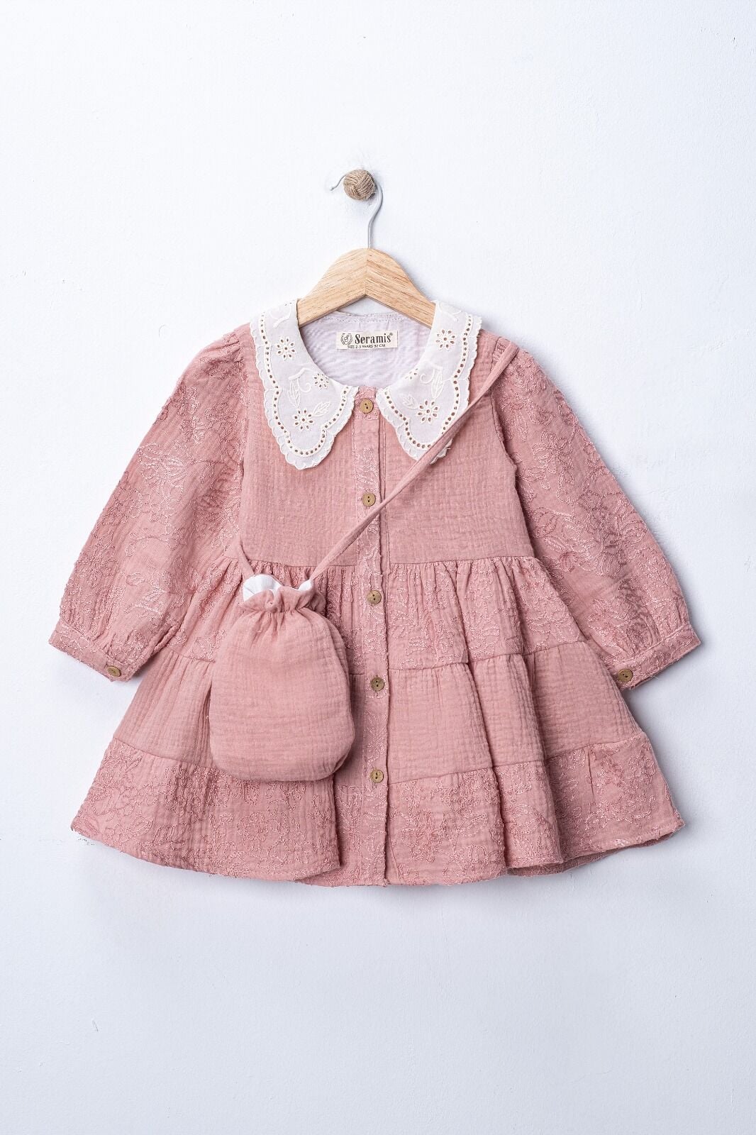 Seramis Kız Çocuk Müslin Kumaş Elbise Çantalı %100 Pamuk – Yakalı, Uzun Kollu- Elbise