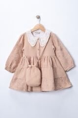 Seramis Kız Çocuk Müslin Kumaş Elbise Çantalı %100 Pamuk – Yakalı, Uzun Kollu- Elbise