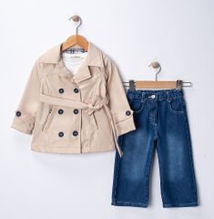 Seramis Kız Çocuk Trençkotlu Kot Pantolon Takım, Su Geçirmez Ceket %100 Pamuk Penye 2-9 Yaş Yeni Sezon