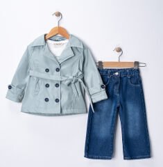 Seramis Kız Çocuk Trençkotlu Kot Pantolon Takım, Su Geçirmez Ceket %100 Pamuk Penye 2-9 Yaş Yeni Sezon