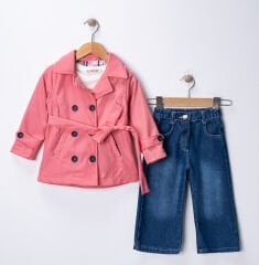 Seramis Kız Çocuk Trençkotlu Kot Pantolon Takım, Su Geçirmez Ceket %100 Pamuk Penye 2-9 Yaş Yeni Sezon