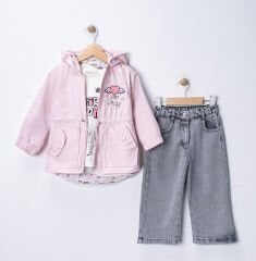 Seramis Kız Çocuk Yağmurluklu Kot Pantolon Takım Su Geçirmez Ceket %100 Pamuk Baskılı Badi 2-9 Yaş