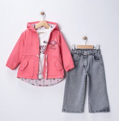 Seramis Kız Çocuk Yağmurluklu Kot Pantolon Takım Su Geçirmez Ceket %100 Pamuk Baskılı Badi 2-9 Yaş