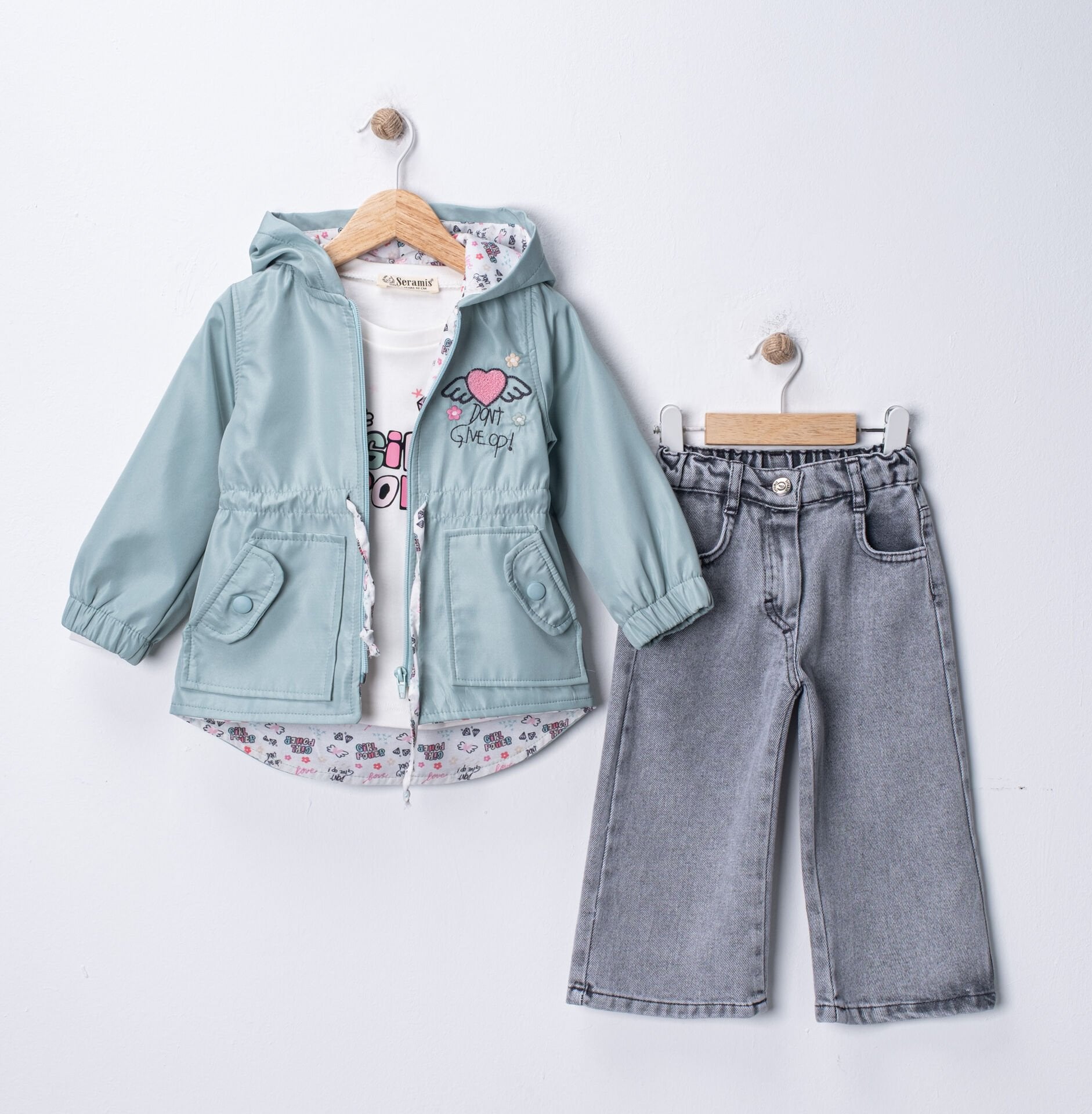 Seramis Kız Çocuk Yağmurluklu Kot Pantolon Takım Su Geçirmez Ceket %100 Pamuk Baskılı Badi 2-9 Yaş