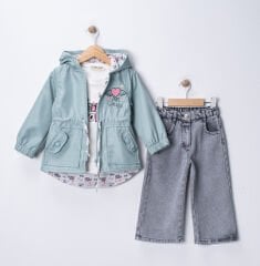 Seramis Kız Çocuk Yağmurluklu Kot Pantolon Takım Su Geçirmez Ceket %100 Pamuk Baskılı Badi 2-9 Yaş