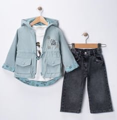 Seramis Kız Çocuk Yağmurluklu Kot Pantolon Takım Su Geçirmez Ceket %100 Pamuk Baskılı Badi 2-9 Yaş