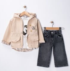 Seramis Kız Çocuk Yağmurluklu Kot Pantolon Takım Su Geçirmez Ceket %100 Pamuk Baskılı Badi 2-9 Yaş