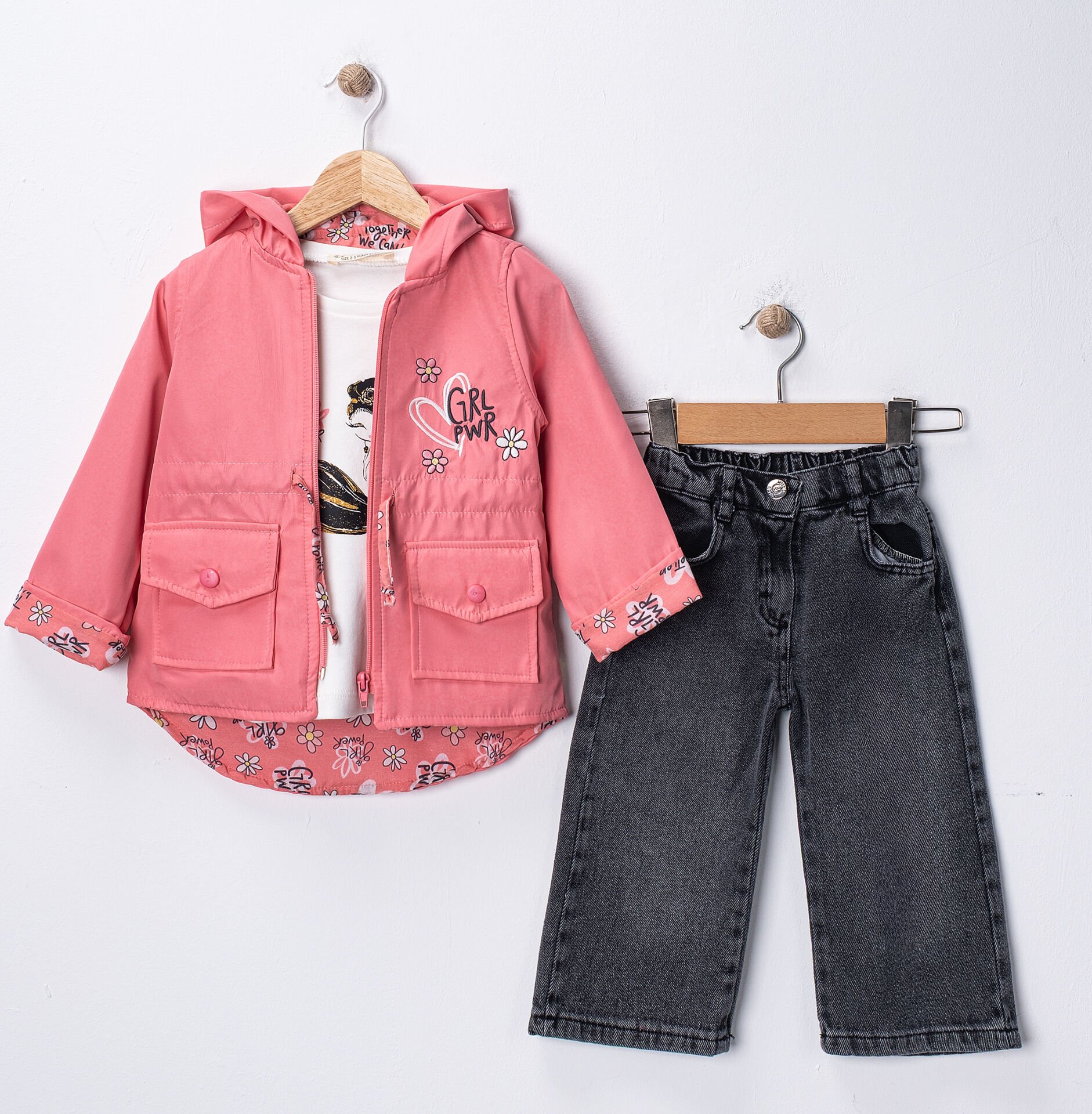 Seramis Kız Çocuk Yağmurluklu Kot Pantolon Takım Su Geçirmez Ceket %100 Pamuk Baskılı Badi 2-9 Yaş