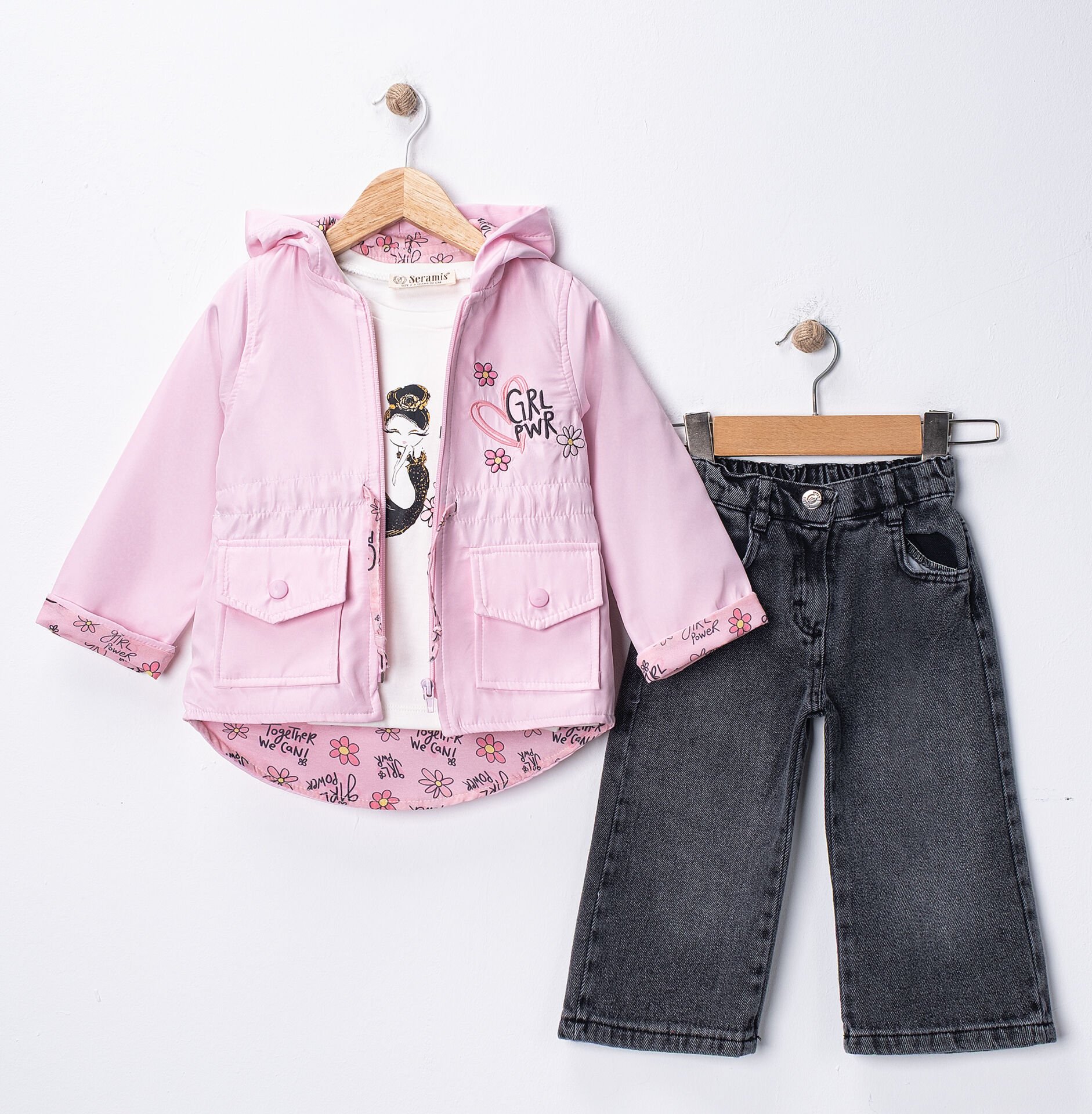 Seramis Kız Çocuk Yağmurluklu Kot Pantolon Takım Su Geçirmez Ceket %100 Pamuk Baskılı Badi 2-9 Yaş Açık PEMBE - 4-5 Yaş