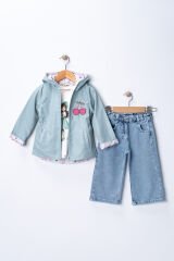 Seramis Kız Çocuk Yağmurluklu Kot Pantolon Takım Su Geçirmez Ceket %100 Pamuk Baskılı Badi 2-9 Yaş