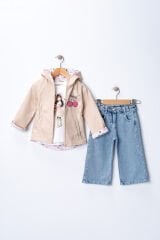 Seramis Kız Çocuk Yağmurluklu Kot Pantolon Takım Su Geçirmez Ceket %100 Pamuk Baskılı Badi 2-9 Yaş