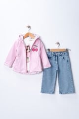 Seramis Kız Çocuk Yağmurluklu Kot Pantolon Takım Su Geçirmez Ceket %100 Pamuk Baskılı Badi 2-9 Yaş