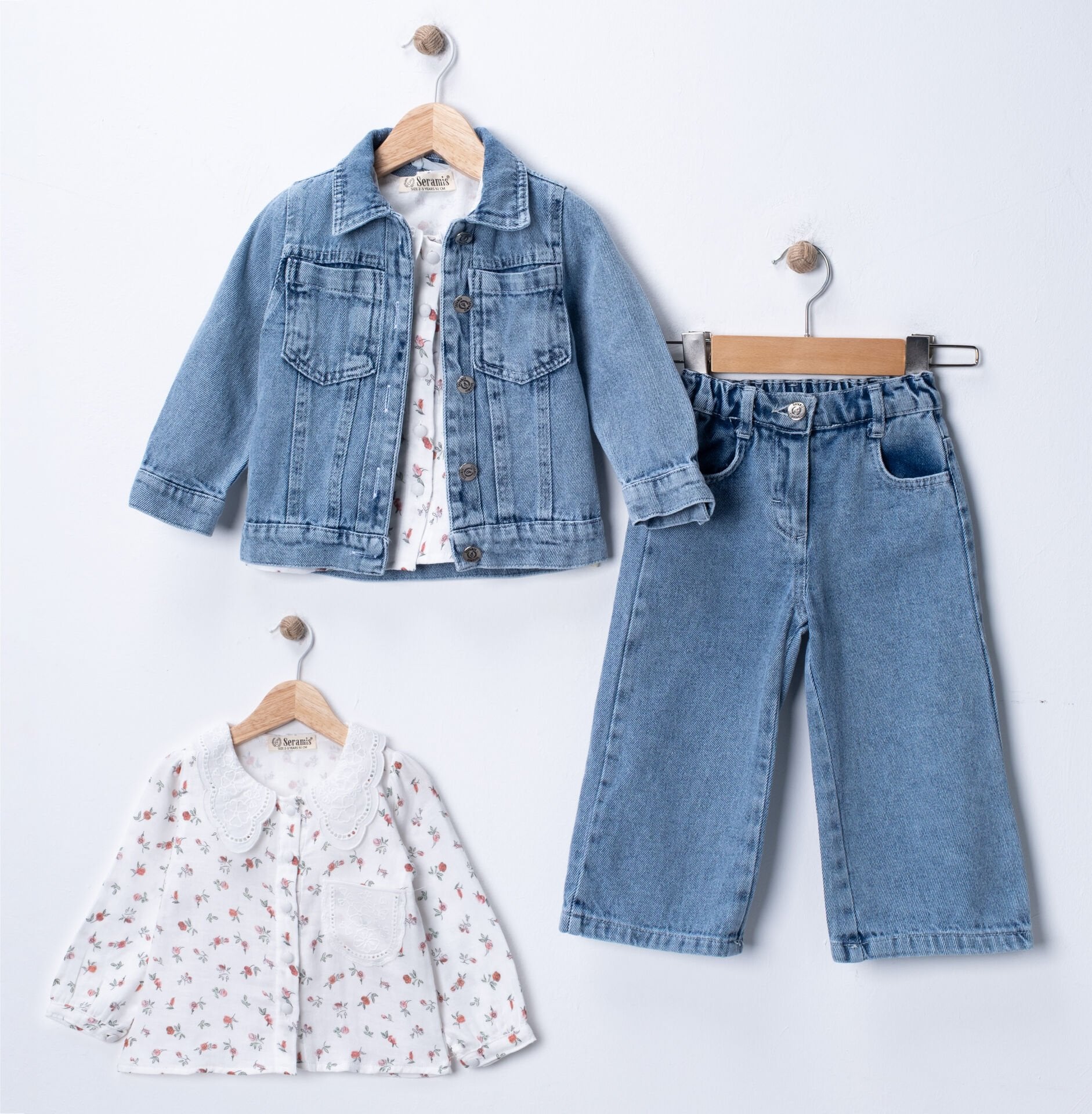 Seramis Kız Çocuk Kot Ceket Pantolon Takım %100 Pamuk Baskılı Gömlekli 2-9 Yaş