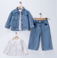 Seramis Kız Çocuk Kot Ceket Pantolon Takım %100 Pamuk Baskılı Gömlekli 2-9 Yaş