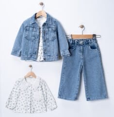 Seramis Kız Çocuk Kot Ceket Pantolon Takım %100 Pamuk Baskılı Gömlekli 2-9 Yaş